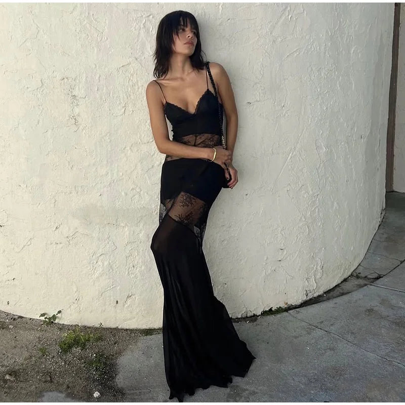Halter Deep V-Neck Lace Panel Sheer Insert Sleeveless Maxi Gown - View 14