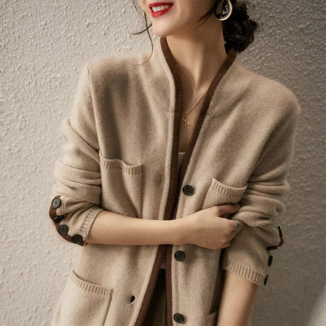 Stand Collar Contrast Trim Button Front Knit Cardigan 2