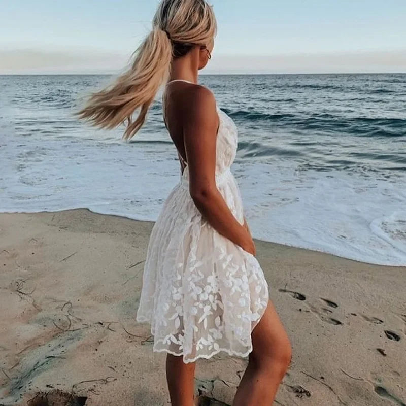 Embroidery Sling Backless White Lace Dress - View 2