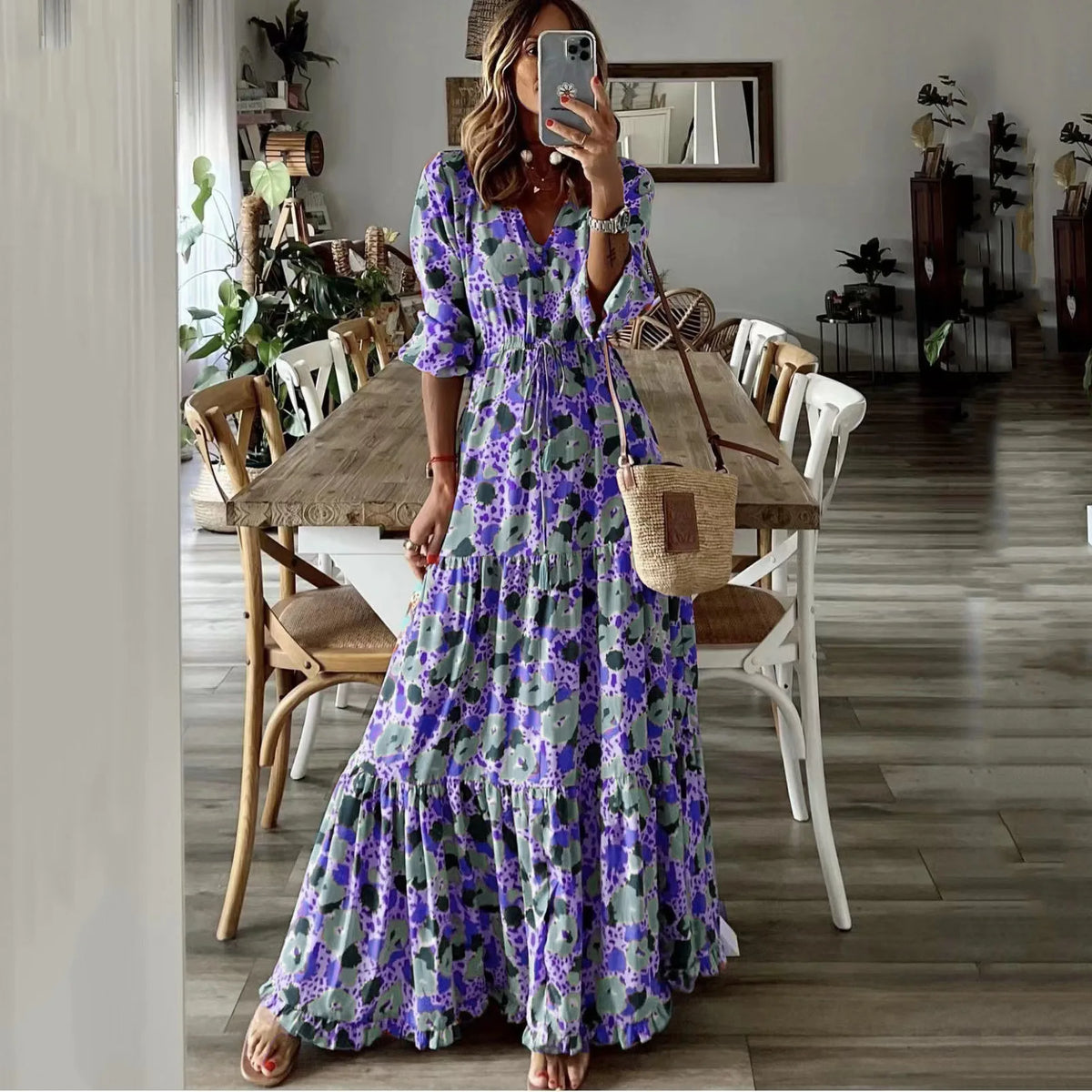 Printed Lace Up Swing Maxi Dress - View 4