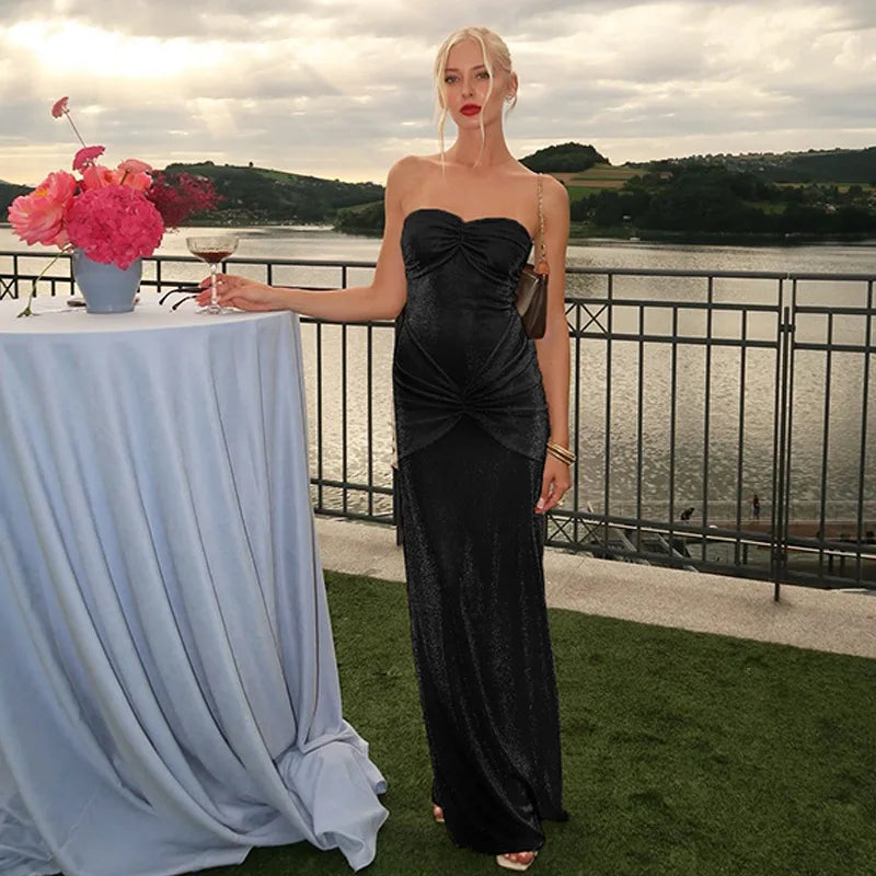 Metallic Strapless Ruched Twist Front Column Maxi Dress - View 21