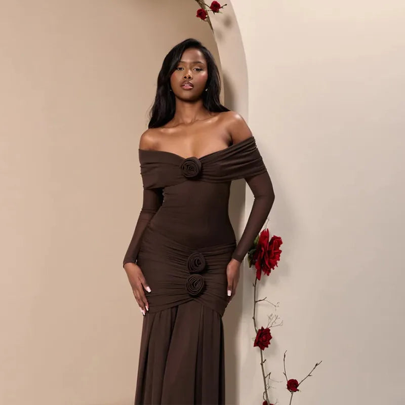 Off Shoulder Long Sleeve Rosette Mermaid Gown - View 7
