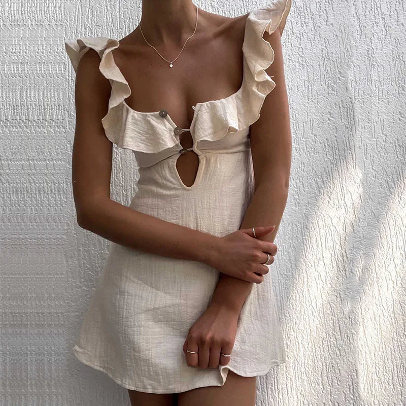 Square Neck Ruffle Button Front Cut Out Mini Summer Dress - View 5
