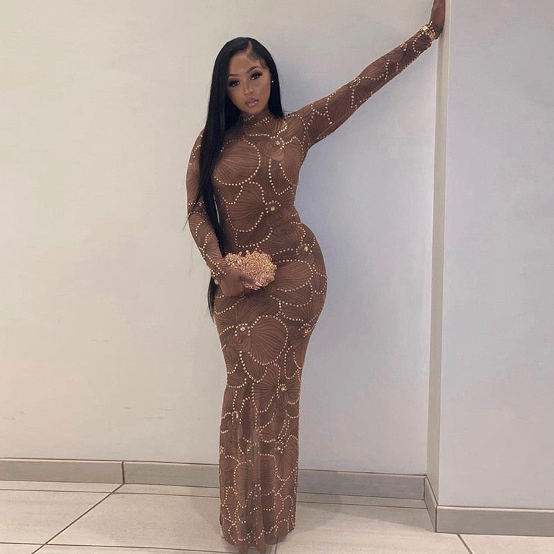 Crew Neck Long Sleeve Rhinestone Mesh Bodycon Maxi Dress 3