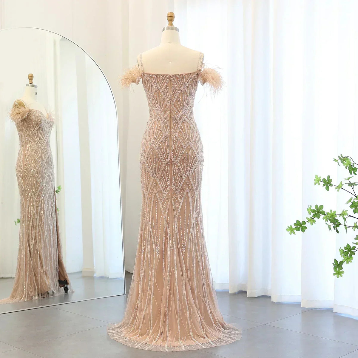 Sequin Off Shoulder Feather Trim Mermaid Maxi Gown - View 4