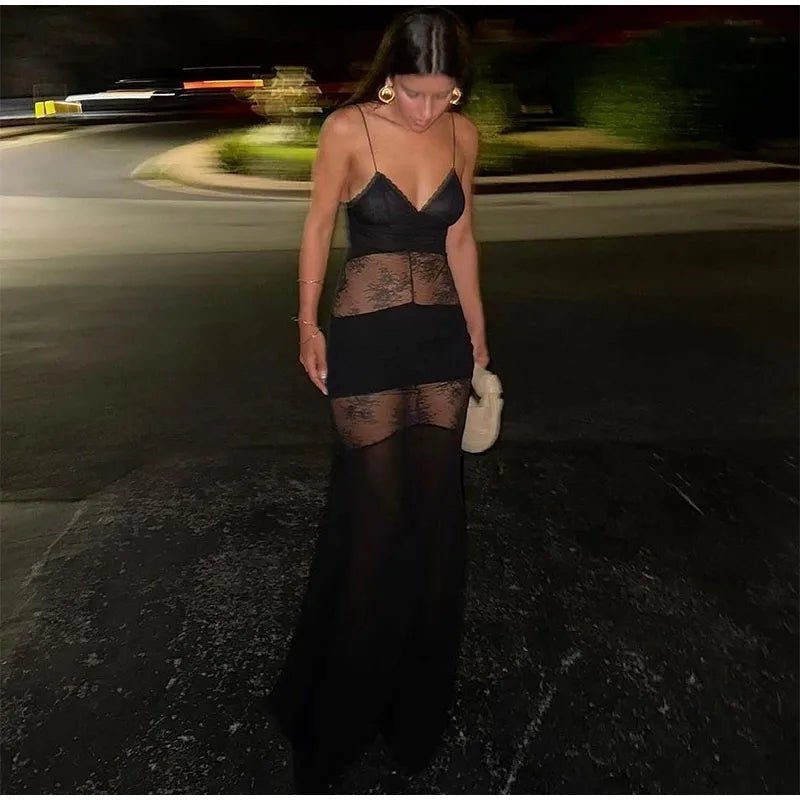 Halter Deep V-Neck Lace Panel Sheer Insert Sleeveless Maxi Gown - View 18