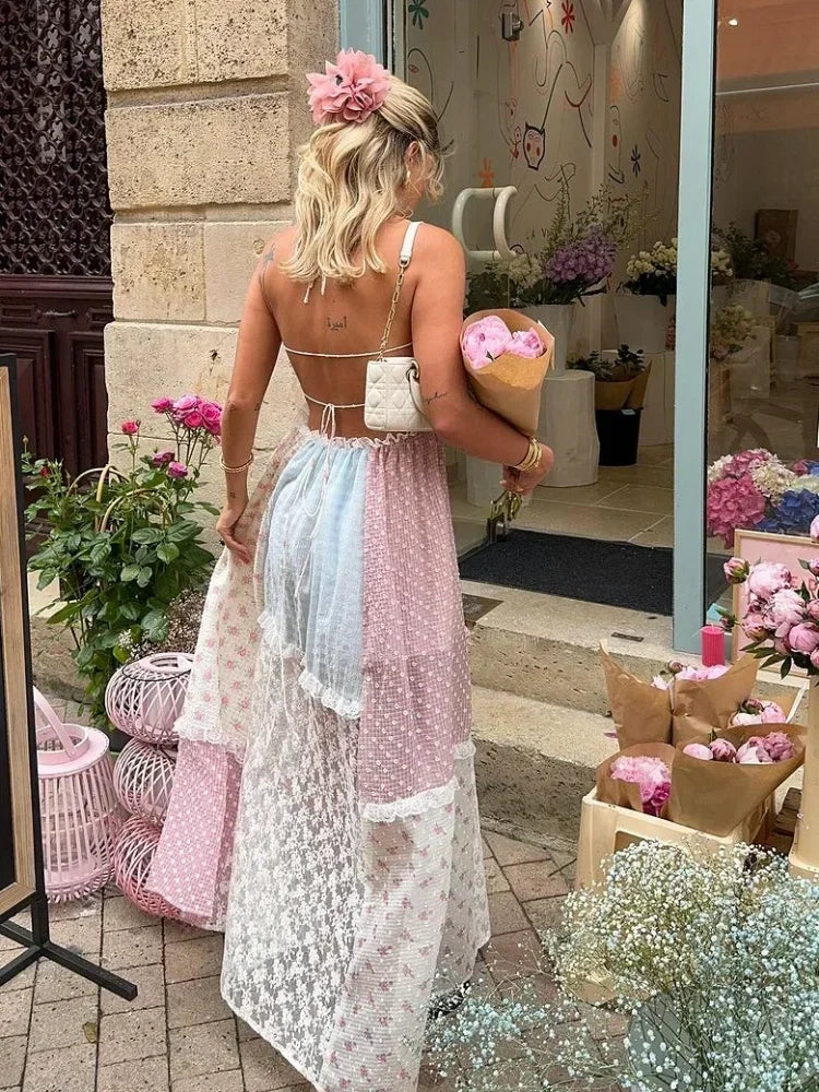 Lace Patchwork Halter Maxi Dress - View 3