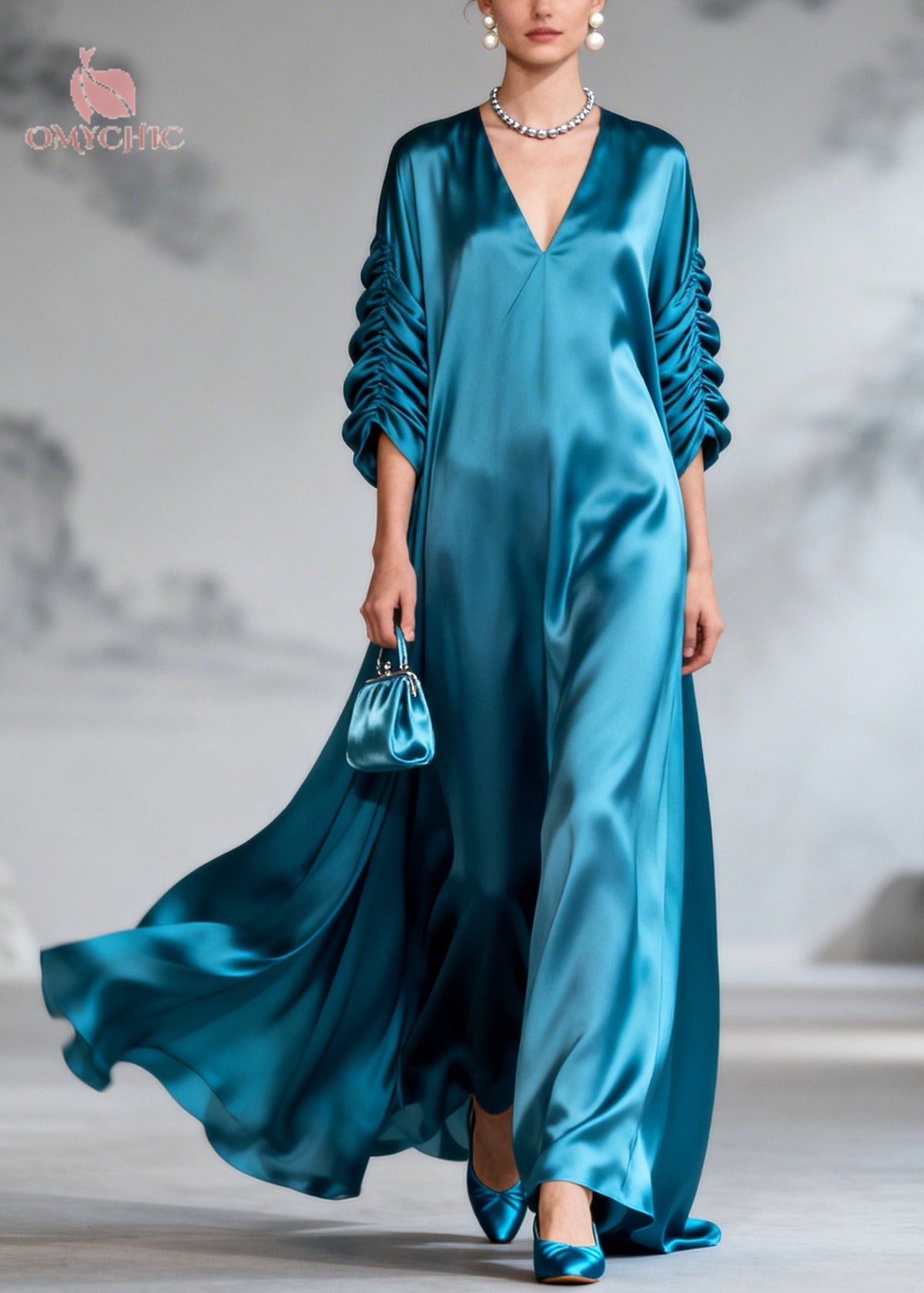 Satin Deep V-Neck Ruched Bishop Sleeve Oversized Flowy Maxi Gown - View 5
