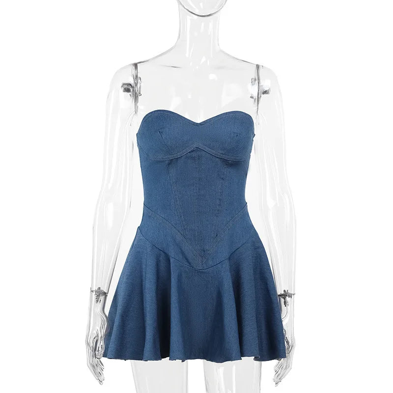Strapless Denim Corset Sweetheart Pleated Ruffle Mini Dress - View 7
