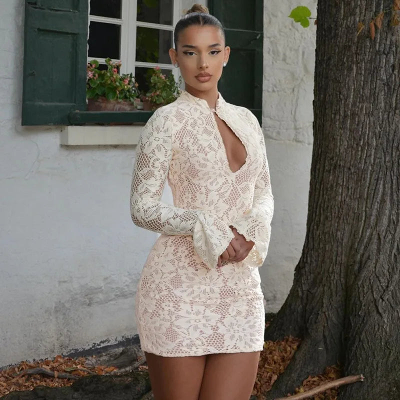 Lace Printed Hollow Out Long Sleeve Dress - View 3