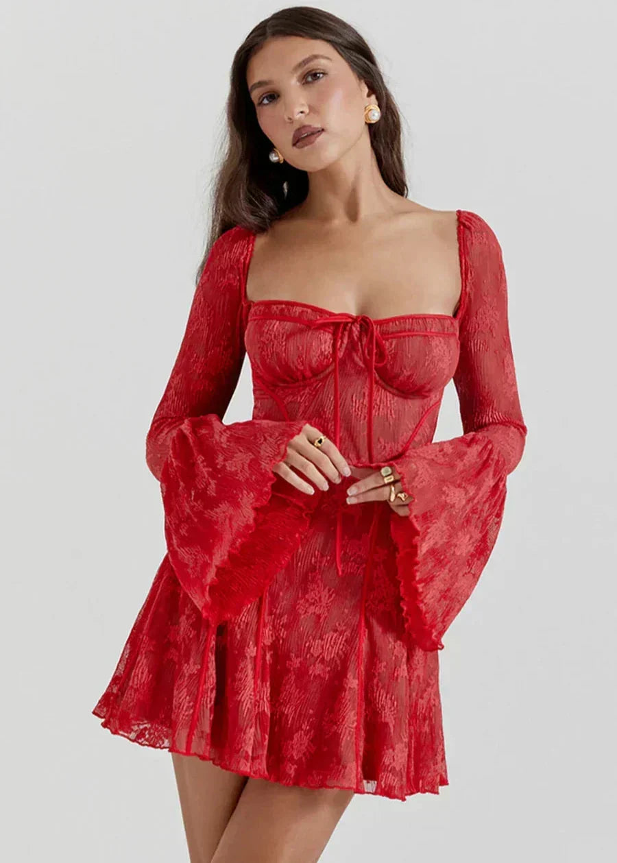 Self Tie Lace Long Sleeve Dress Vibrant Red - View 3