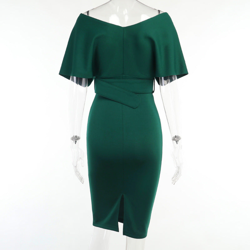 Satin Deep V-Neck Batwing Sleeve Belted Bodycon Midi Dress 34