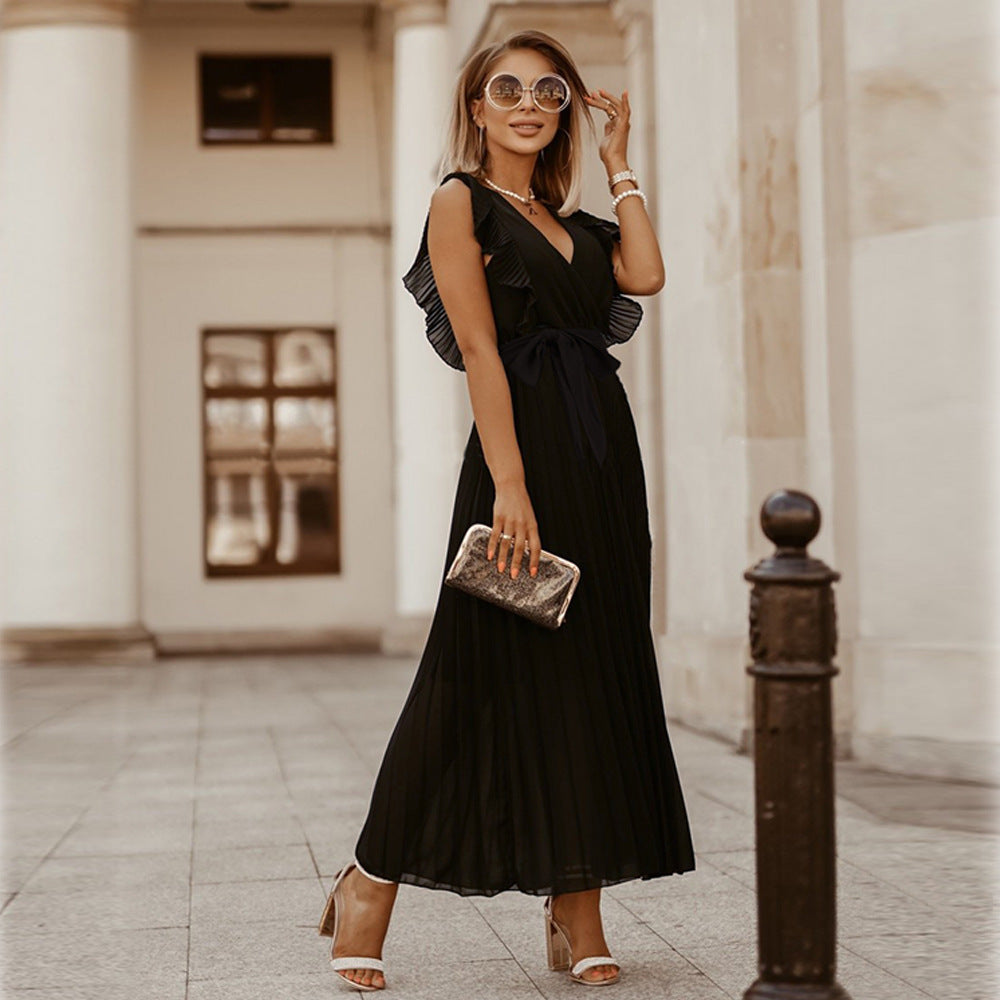 Sleeveless V-Neck Wrap Ruffle Armhole Belted Pleated Maxi Dress