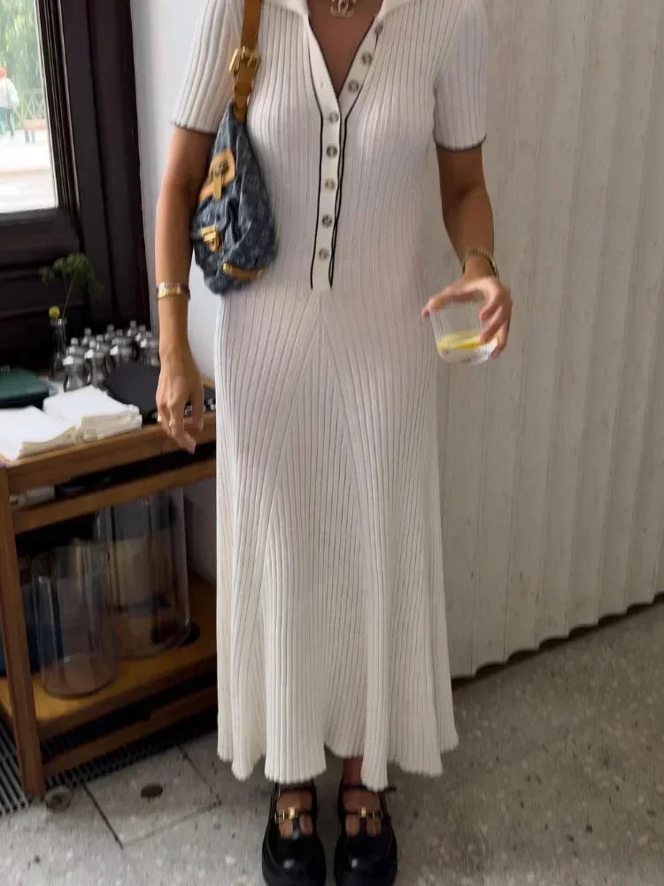 Ribbed Knit Polo Collar Short Sleeve Button Front Maxi Dress 5