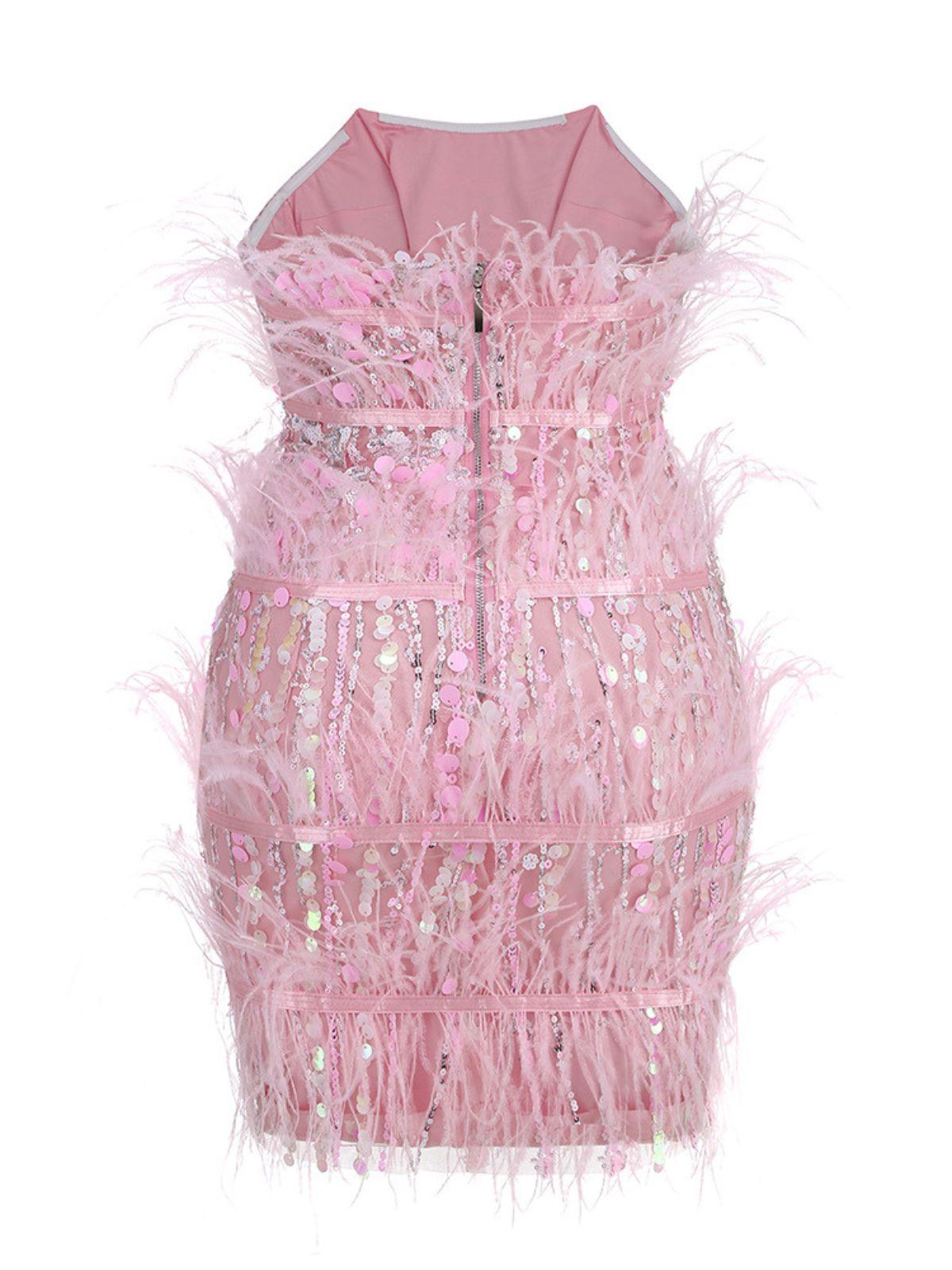 Sequin Strapless Tiered Feather Trim Bodycon Mini Dress - View 7