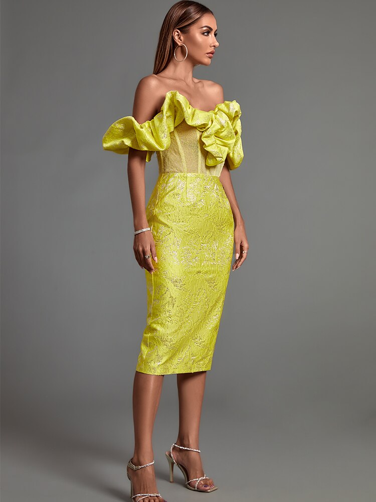 Off Shoulder Puff Sleeve Ruffle Jacquard Bodycon Midi Dress 4