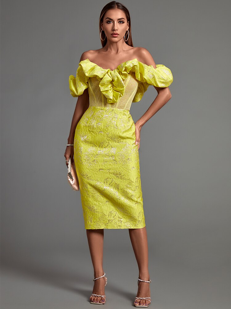 Off Shoulder Puff Sleeve Ruffle Jacquard Bodycon Midi Dress 3