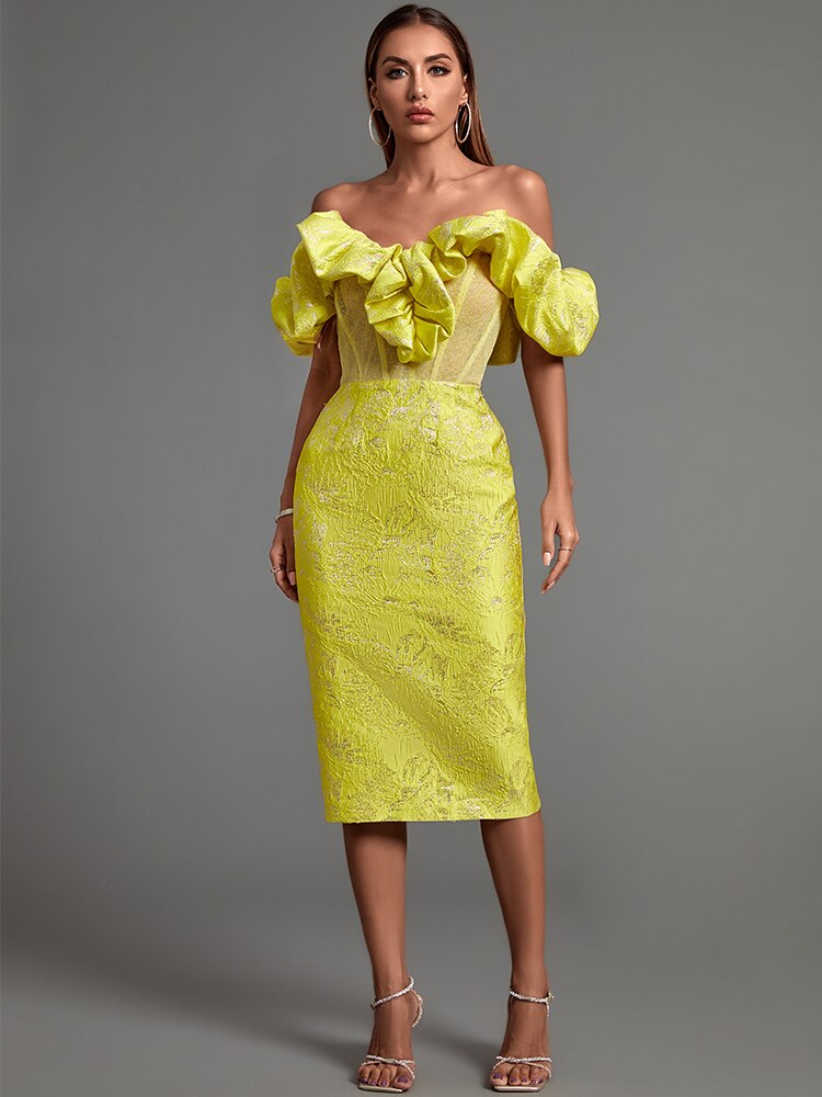 Off Shoulder Puff Sleeve Ruffle Jacquard Bodycon Midi Dress 2