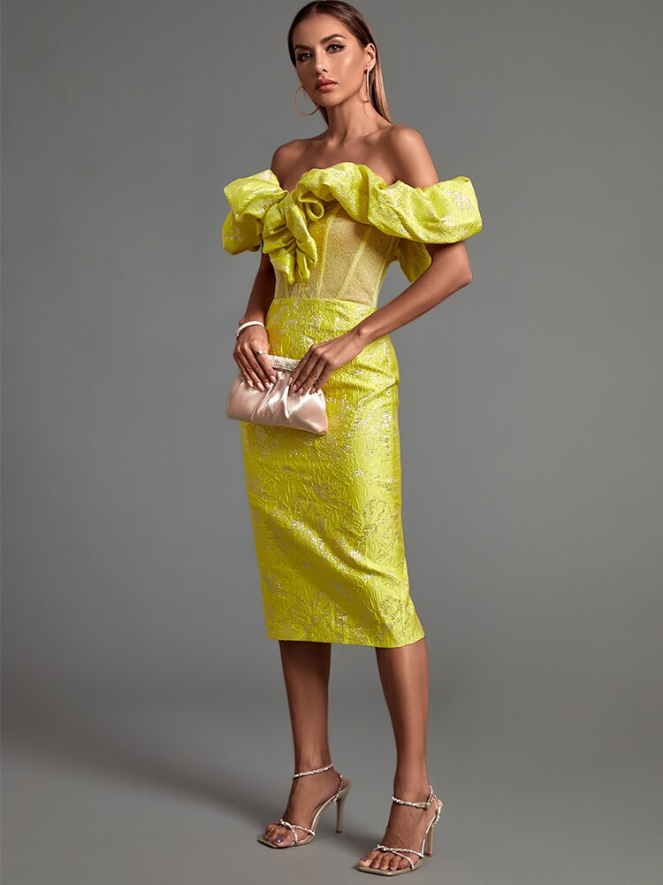 Off Shoulder Puff Sleeve Ruffle Jacquard Bodycon Midi Dress 5