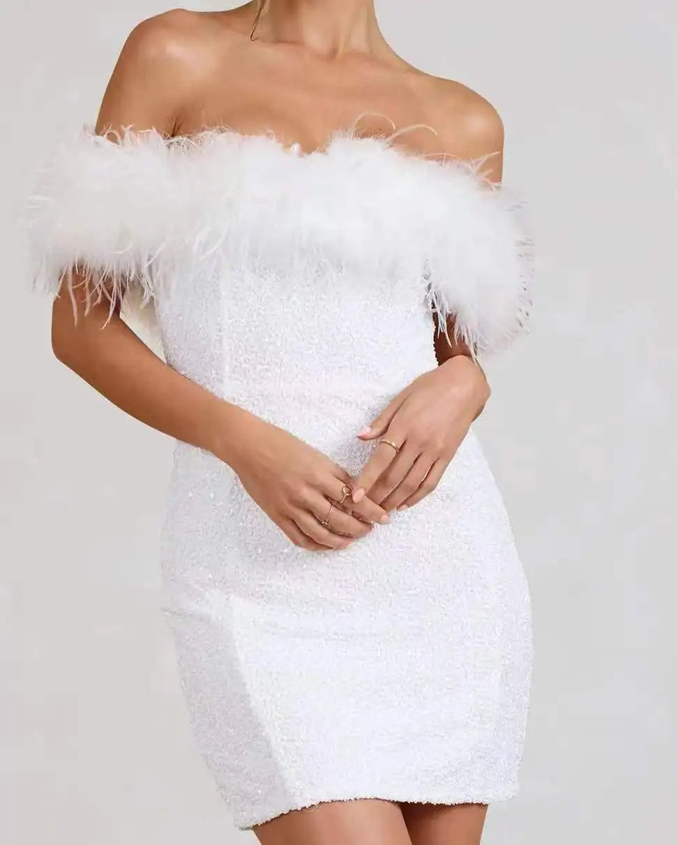 Off Shoulder Feather Trim Sequin Bodycon Mini Dress 3