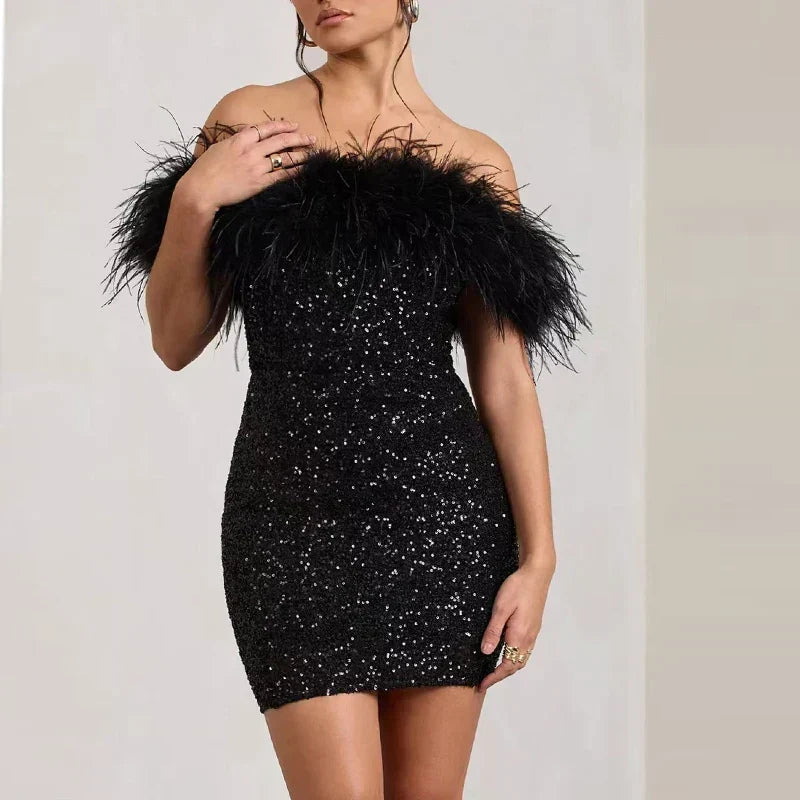 Off Shoulder Feather Trim Sequin Bodycon Mini Dress 5