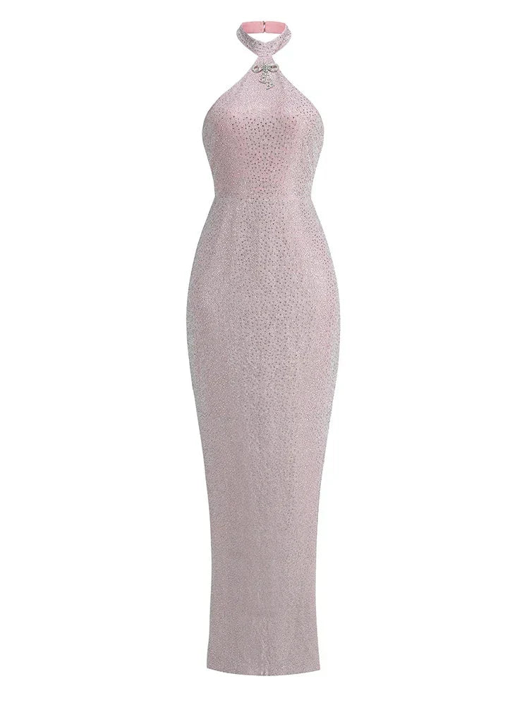 Sexy Halter Neck Shiny Diamonds Bow Maxi Dress Backless Christmas Party Pink / Xs Dresses-L