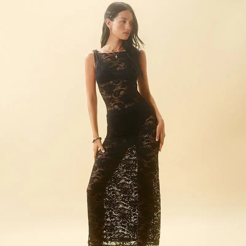 2024 Mesh See Through Slim Maxi Lace Dress - View 5