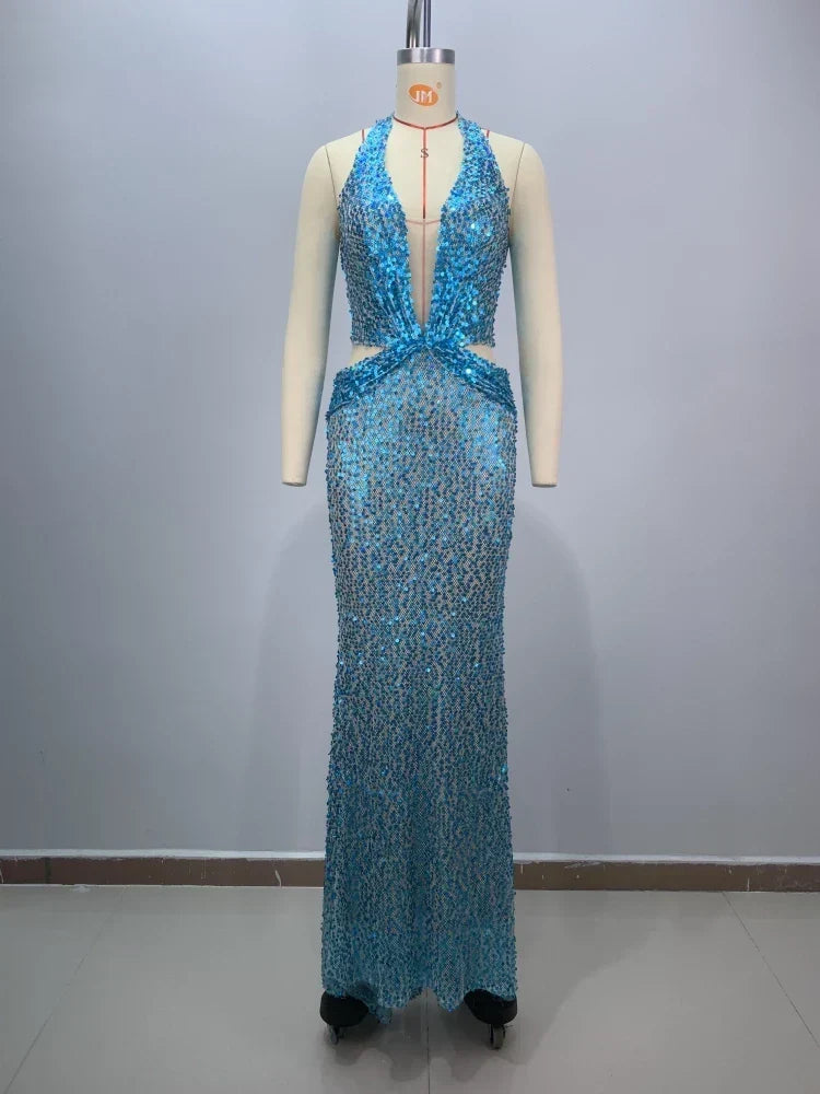 Sexy Sling Deep V-Neck Sequins Long Dress Hollow Out Slim Christmas Party Blue / S Dresses-L