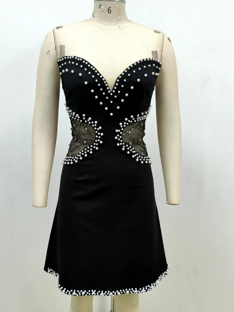Sexy Strapless Mesh Patchwork Pearl Beaded Mini Black Sleeveless Christmas Party Dress / Xs