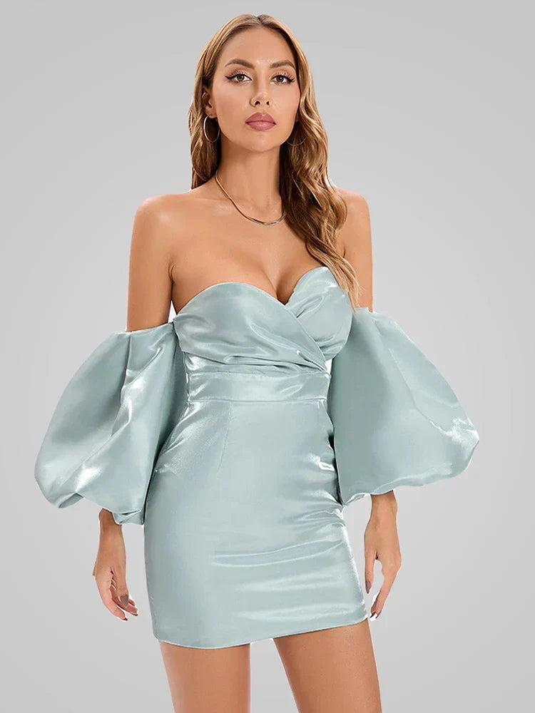 Off-Shoulder Deep V-Neck Satin Midi Dress