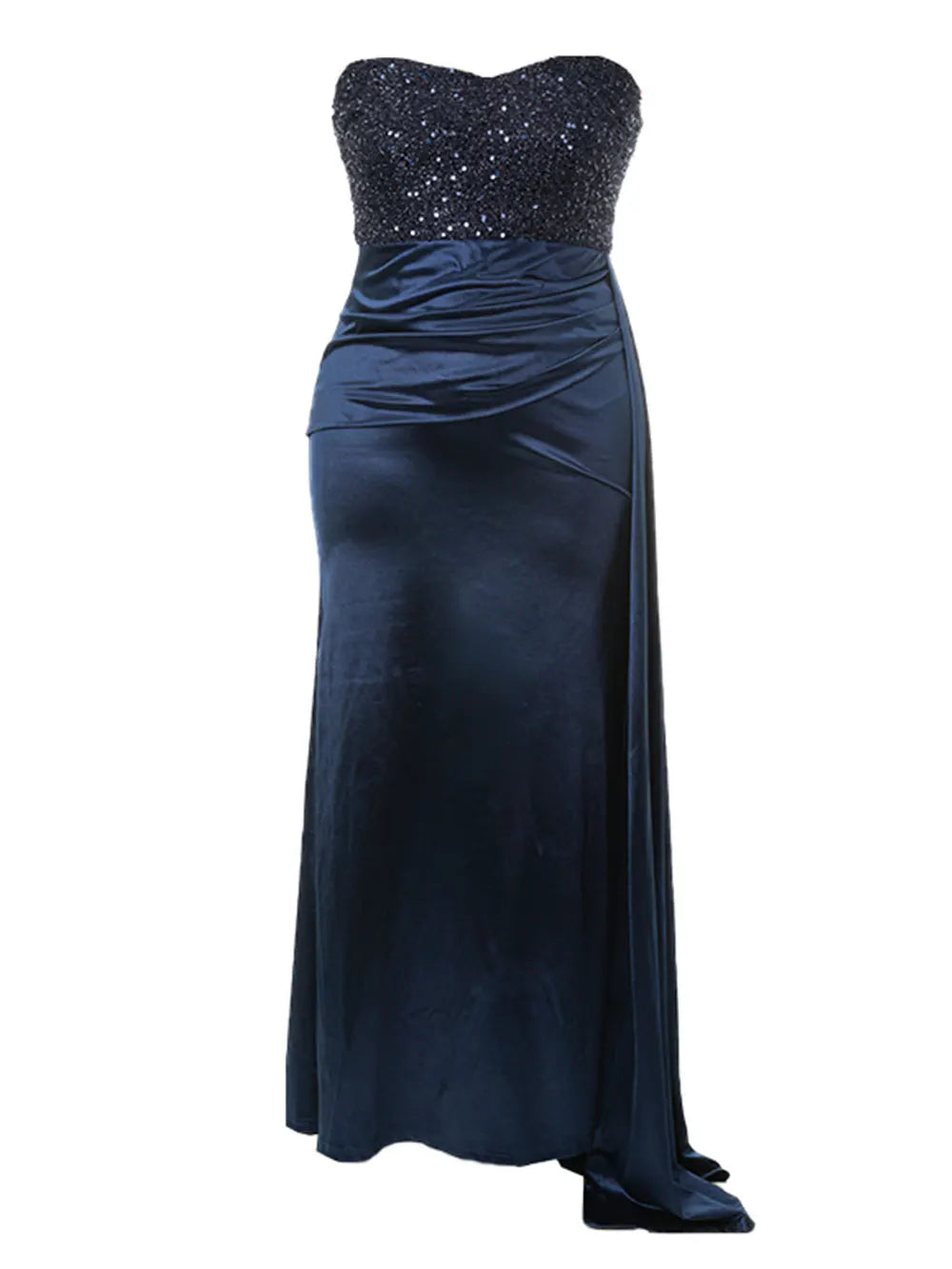 Sequin Strapless Sweetheart Ruched Draped Side Panel Satin Maxi Gown - View 8