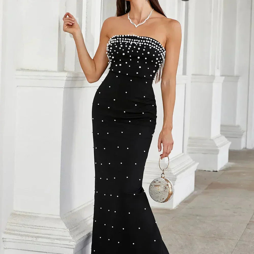 Pearl Embellished Strapless Tube Bodice Bodycon Maxi Gown - View 3