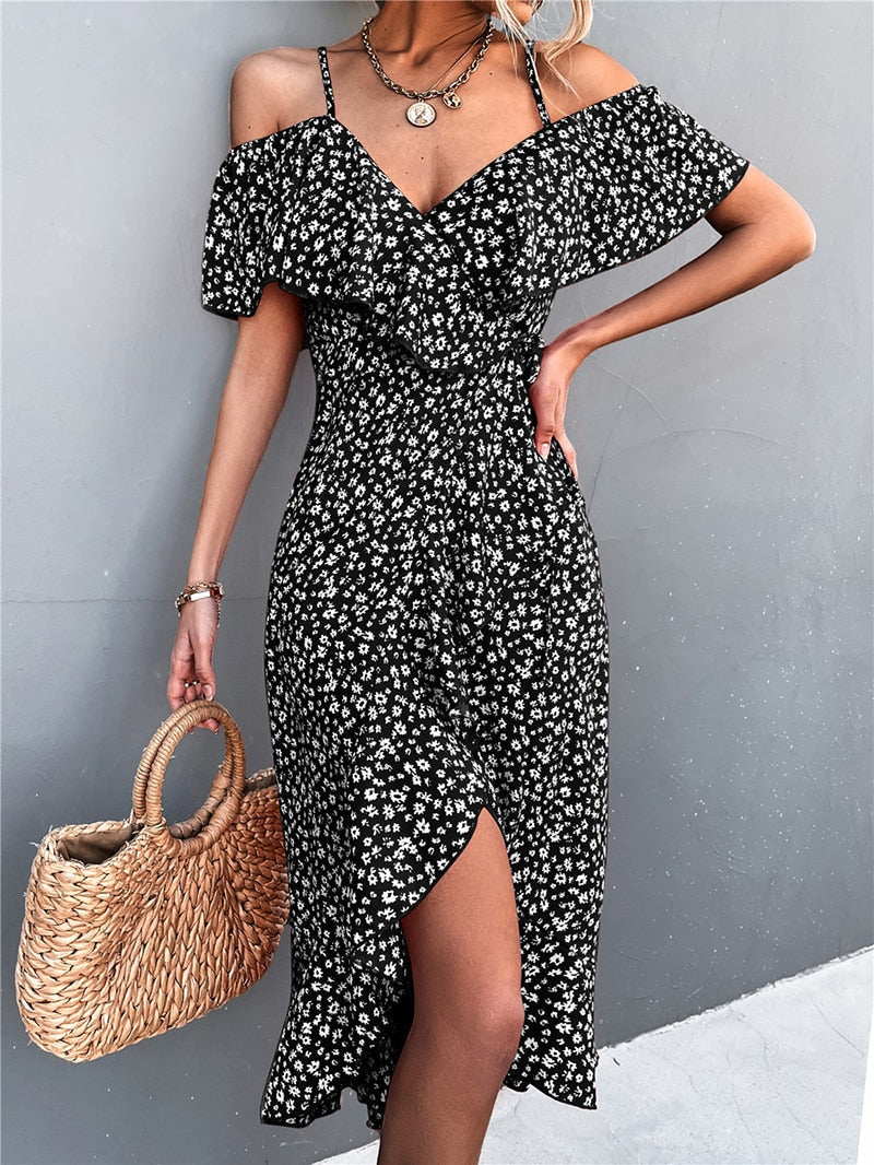 Floral Print Spaghetti Strap Cold Shoulder Ruffle Wrap Midi Dress - View 3