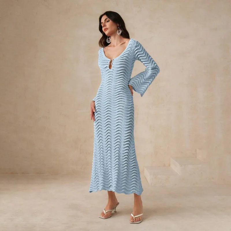 Open Knit Bell Sleeve Keyhole Metal Bar Back Tie Maxi Dress - View 11