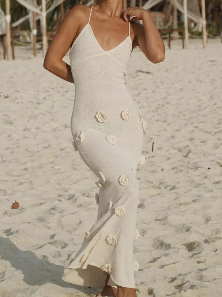 Knit V-Neck Spaghetti Strap Floral Applique Mermaid Maxi Dress - View 11