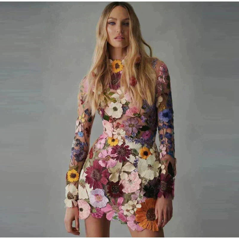 Floral Embroidery Mesh Long Sleeve Mock Neck Bodycon Mini Dress - View 2