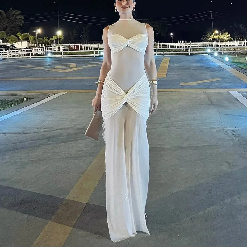 Mesh Mock Neck Sleeveless Knotted Bandeau Ruched Waist Maxi Dress - View 3
