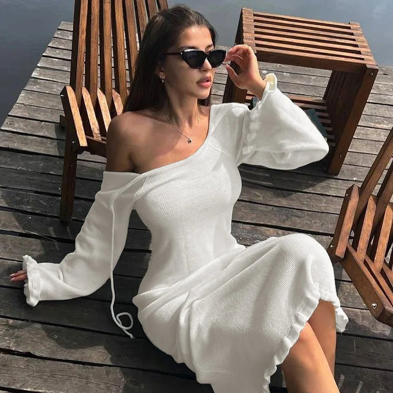 Rib Knit Deep V-Neck Bell Sleeve Bodycon Midi Dress - View 4