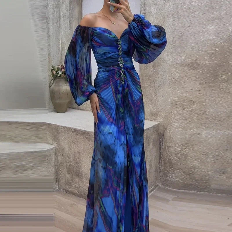 Off Shoulder Deep V-Neck Puff Sleeve Rhinestone Maxi Gown - View 2