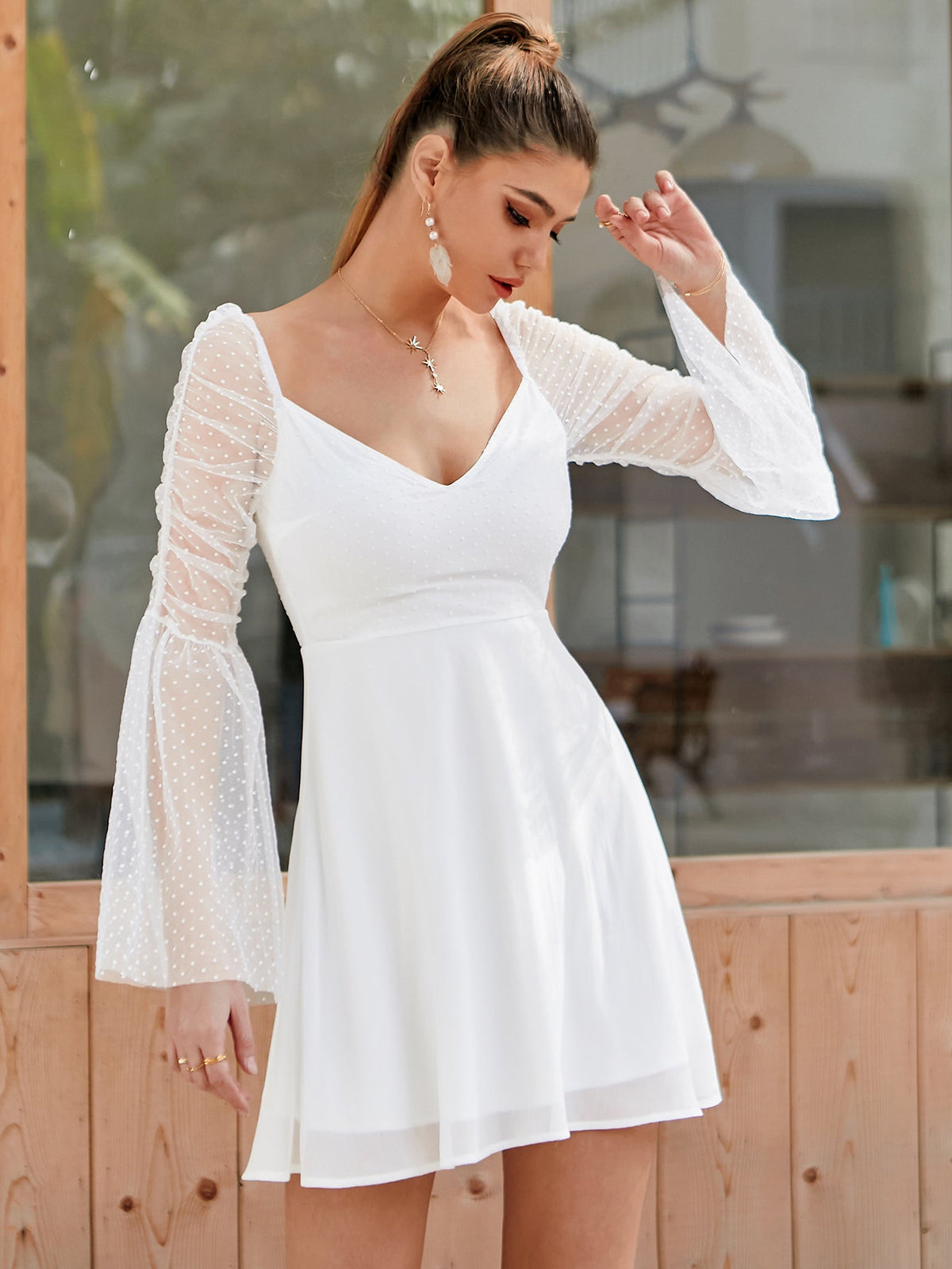 Swiss Dot Mesh Deep V-Neck Ruched Bell Sleeve Fit and Flare Mini Dress - View 4