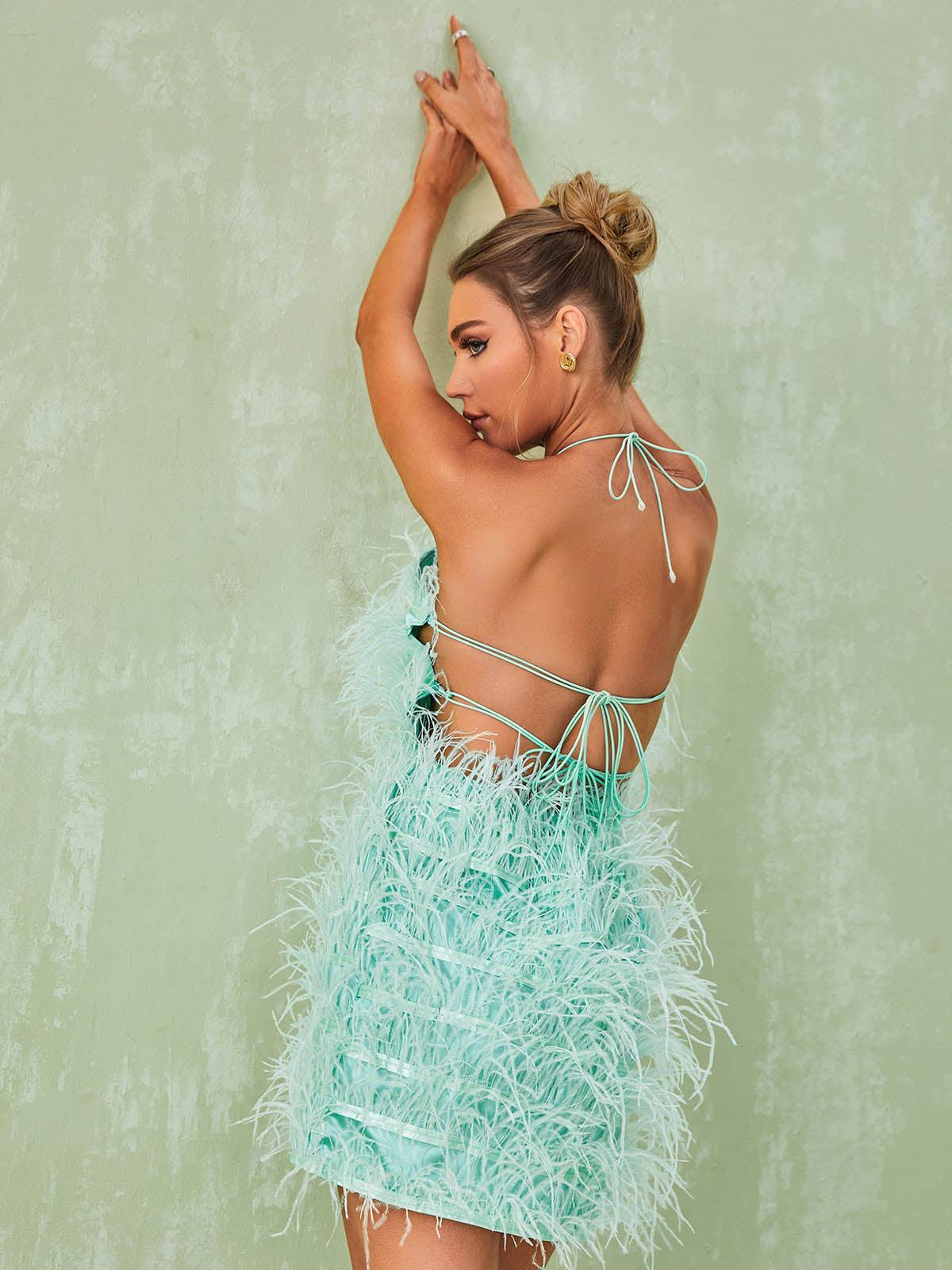 Feather Halter Neck Bodycon Mini Dress - View 5