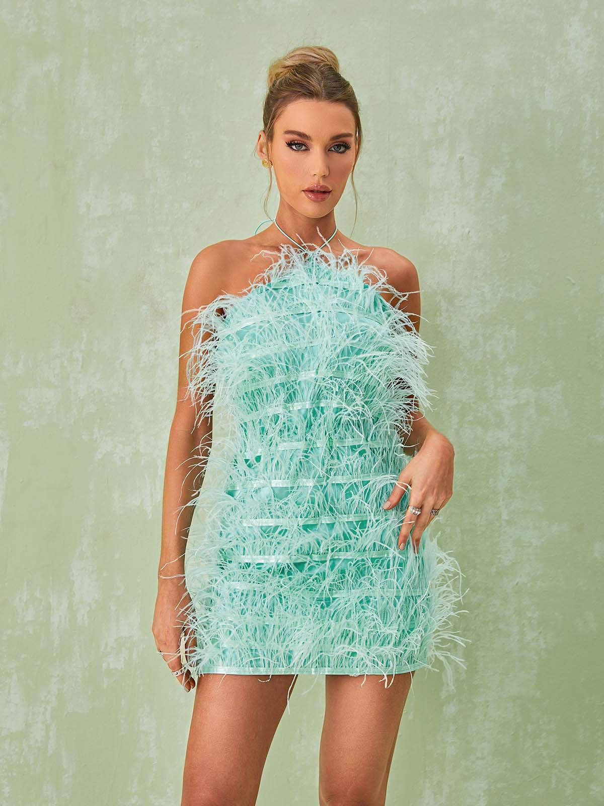 Feather Halter Neck Bodycon Mini Dress - View 4