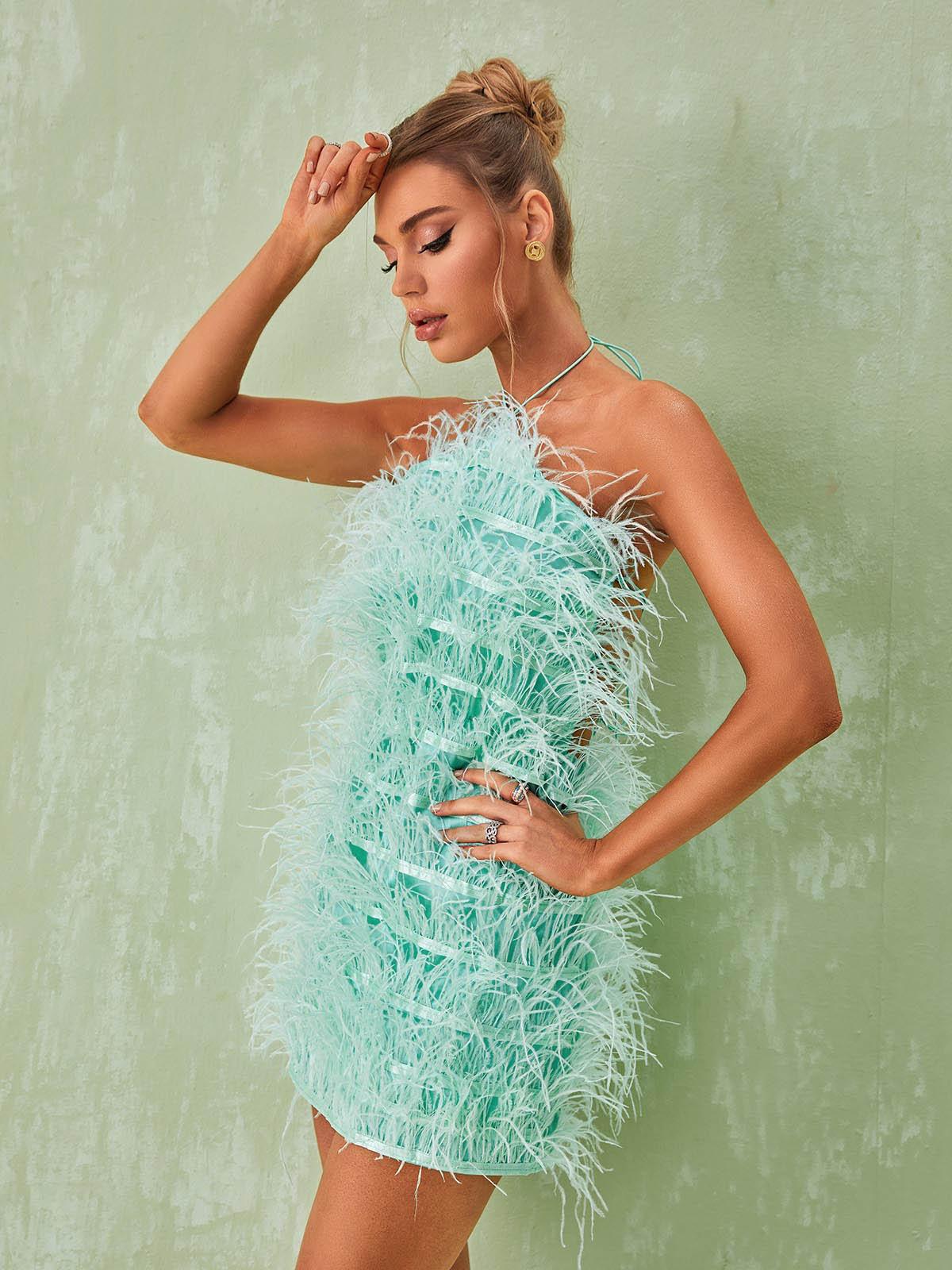 Feather Halter Neck Bodycon Mini Dress - View 2
