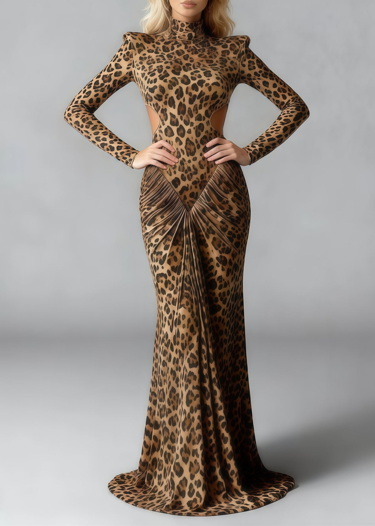 Leopard Print Mock Neck Long Sleeve Cut Out Ruched Bodycon Maxi Gown - View 3