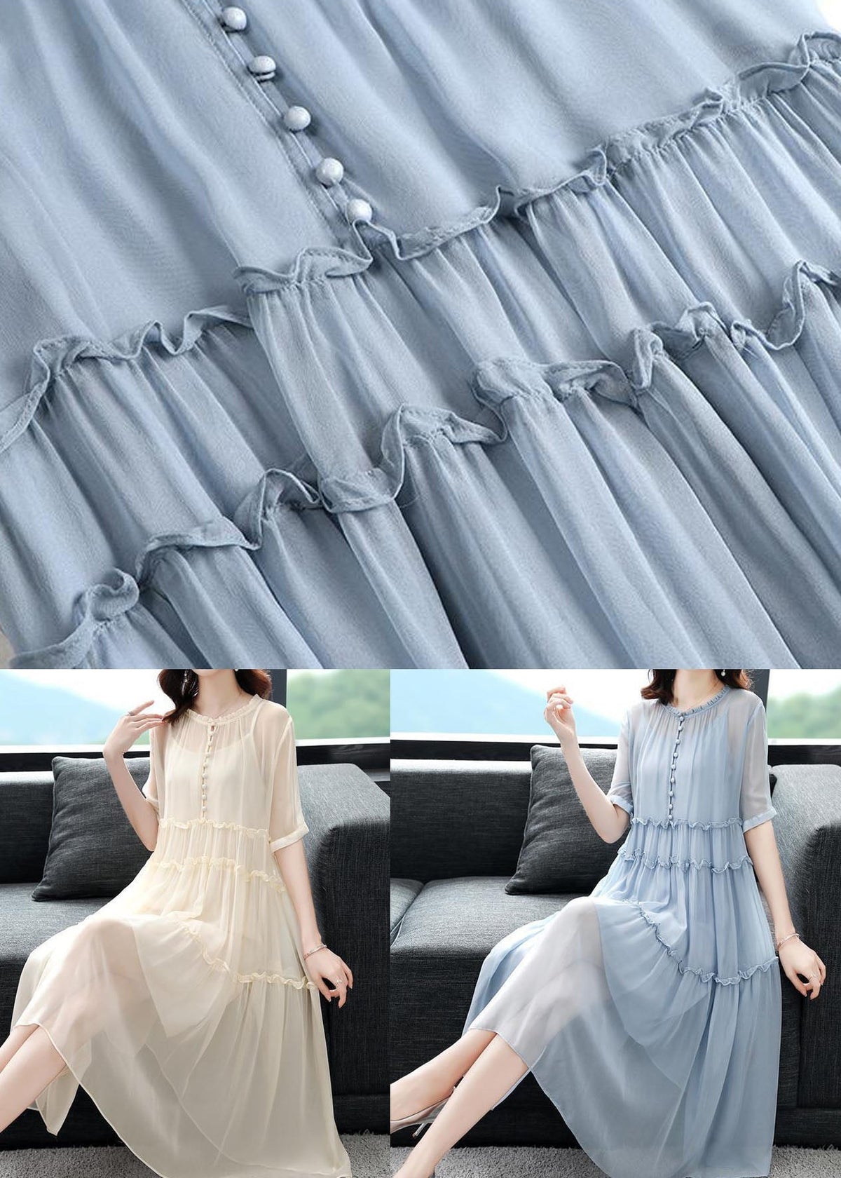 Chiffon Round Neck Button Front Tiered Ruffle Midi Dress - View 4
