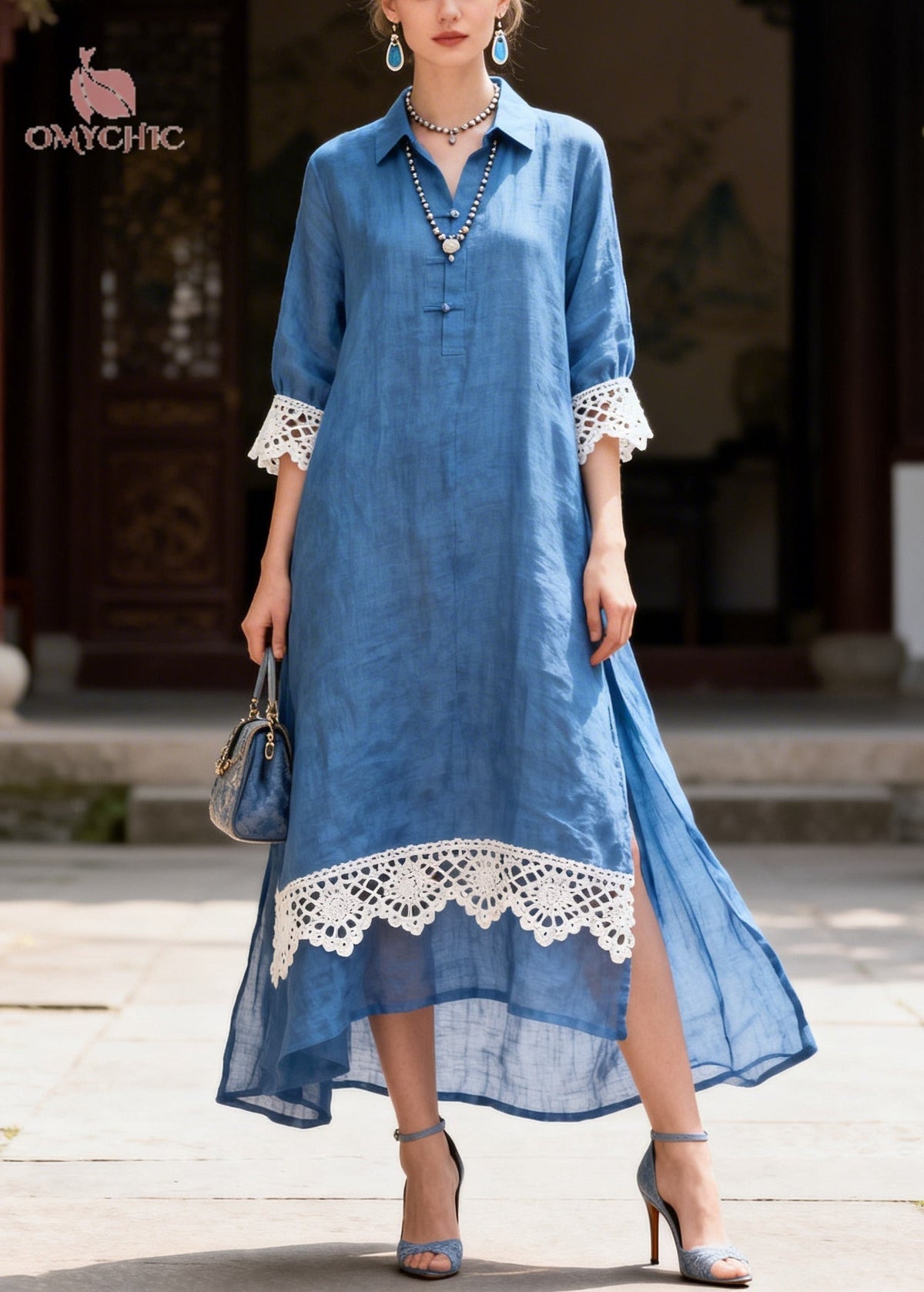 Lace Trim Collar Button Front Three Quarter Maxi Shirt Dress