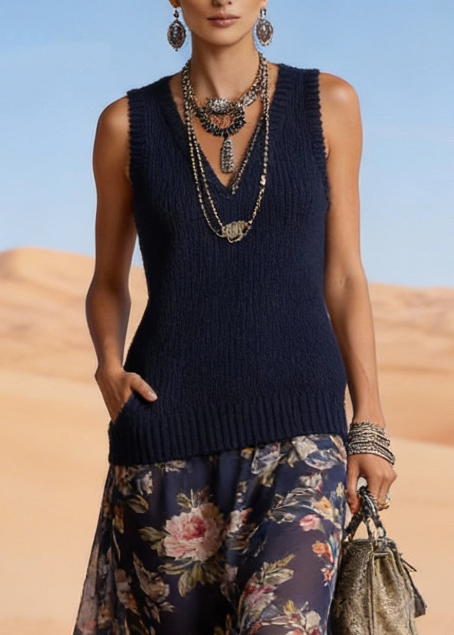 V-Neck Sleeveless Knit Chiffon Patchwork High Low Maxi Dress - View 2