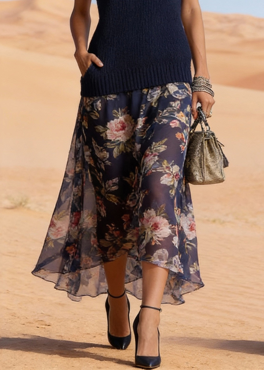 V-Neck Sleeveless Knit Chiffon Patchwork High Low Maxi Dress - View 4