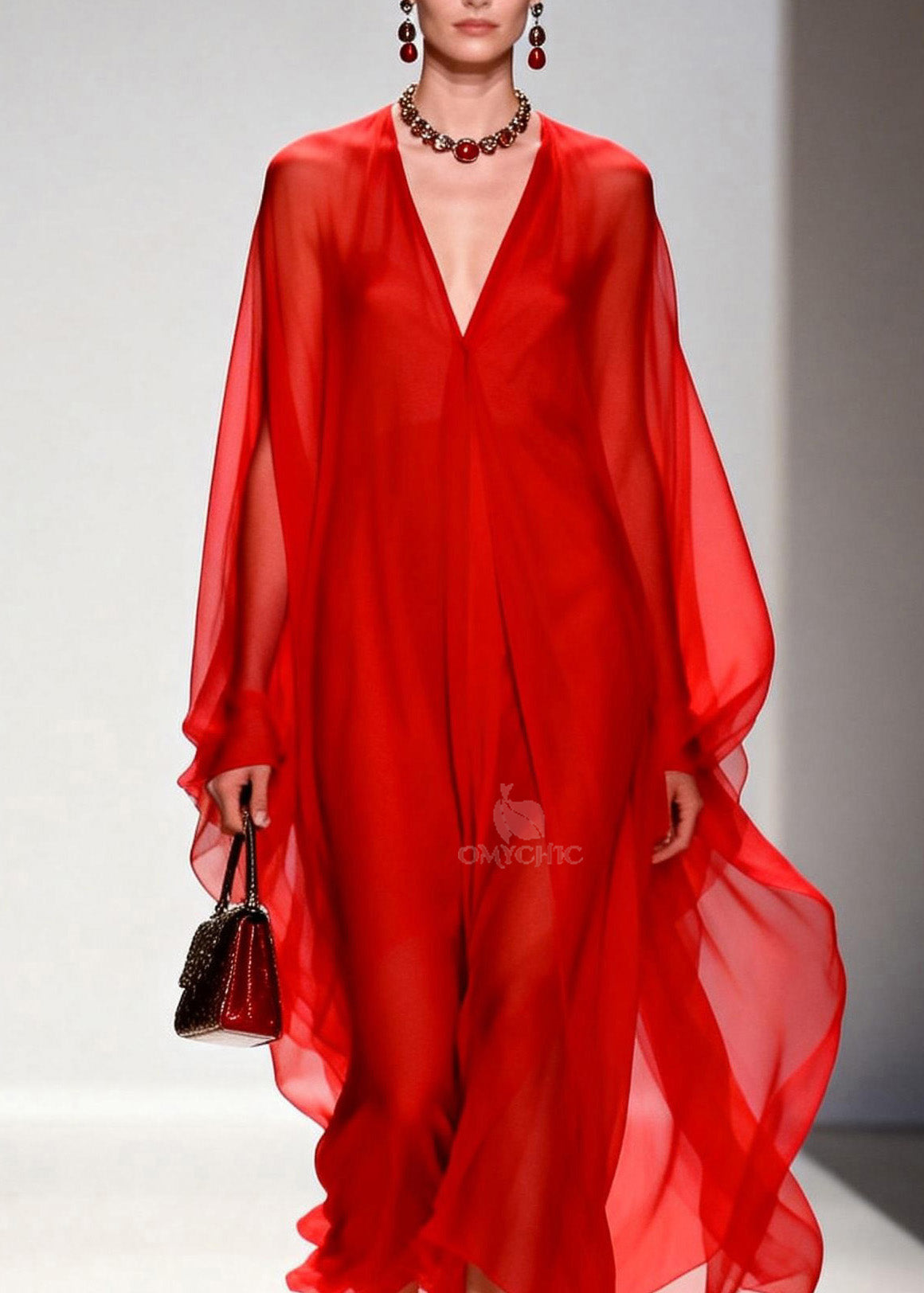 Deep V-Neck Batwing Sleeve Flowy Sheer Chiffon Kaftan Maxi Gown - View 2