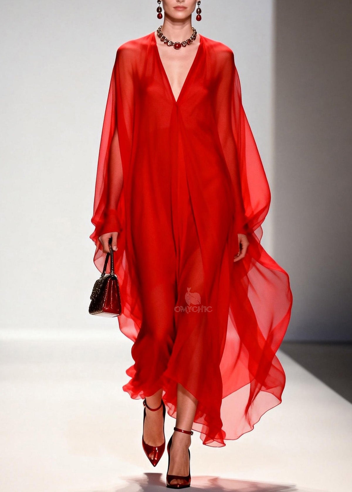 Deep V-Neck Batwing Sleeve Flowy Sheer Chiffon Kaftan Maxi Gown - View 5
